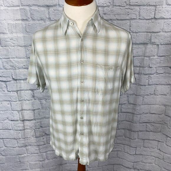 Marc edwards men L washable linen blend button down plaid short sleeve shirt - Picture 1 of 11